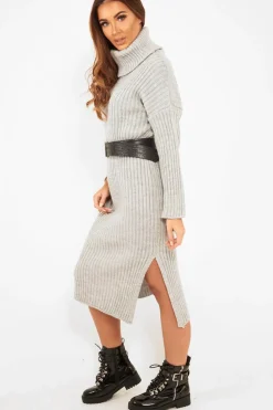 Rebellious Fashion Grey Knitted Roll Neck Jumper Dress - Cecily
