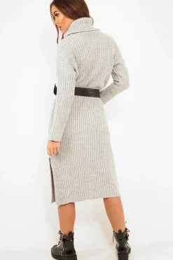 Rebellious Fashion Grey Knitted Roll Neck Jumper Dress - Cecily