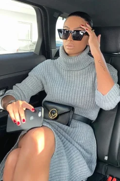 Rebellious Fashion Grey Knitted Roll Neck Jumper Dress - Cecily