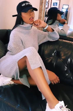 Rebellious Fashion Grey Knitted Roll Neck Jumper Dress - Cecily