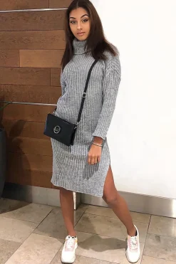 Rebellious Fashion Grey Knitted Roll Neck Jumper Dress - Cecily