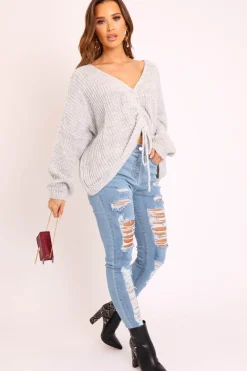 Rebellious Fashion Grey Knitted Ruched Tie Front Jumper - Soraya