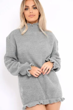 Rebellious Fashion Grey Knitted Ruffle Jumper Dress with Elasticated hems - Velma