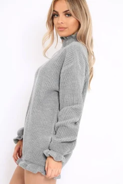 Rebellious Fashion Grey Knitted Ruffle Jumper Dress with Elasticated hems - Velma