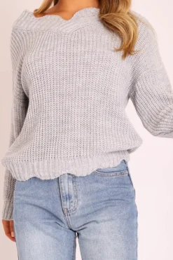 Rebellious Fashion Grey Knitted Scallop Edge Plunge Neckline Jumper - Lylia