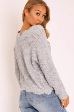 Rebellious Fashion Grey Knitted Scallop Edge Plunge Neckline Jumper - Lylia