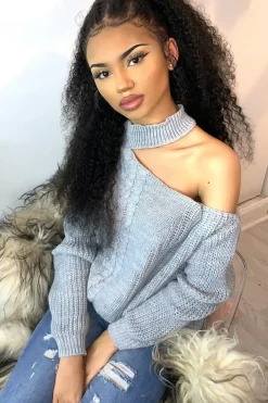 Rebellious Fashion Grey Knitted Slash Neck Off Shoulder Jumper - Hazel