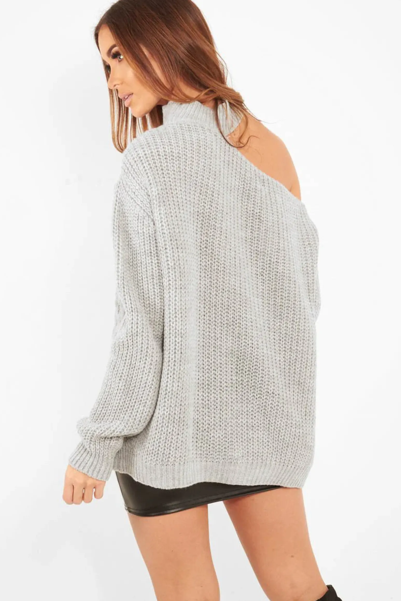 Rebellious Fashion Grey Knitted Slash Neck Off Shoulder Jumper - Hazel