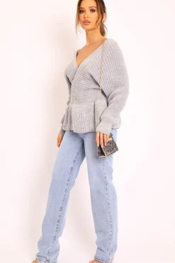 Rebellious Fashion Grey Knitted Wrap Front Plunge Peplum Jumper - Samara