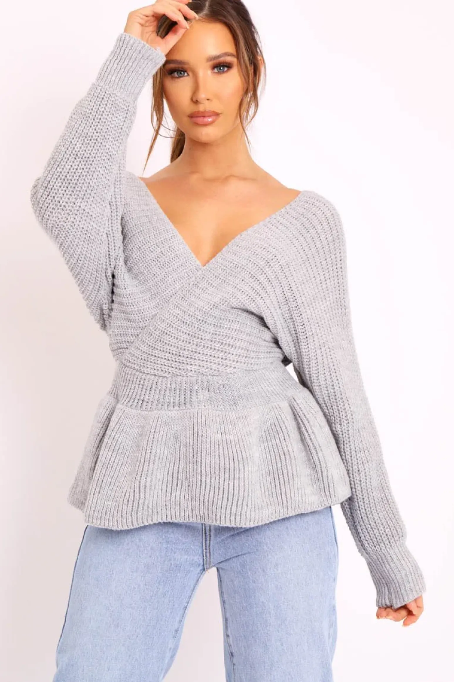 Rebellious Fashion Grey Knitted Wrap Front Plunge Peplum Jumper - Samara
