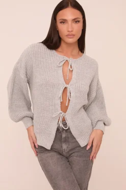 Rebellious Fashion Grey Knit Tie Front Detail Long Sleeves Cardigan - Ava