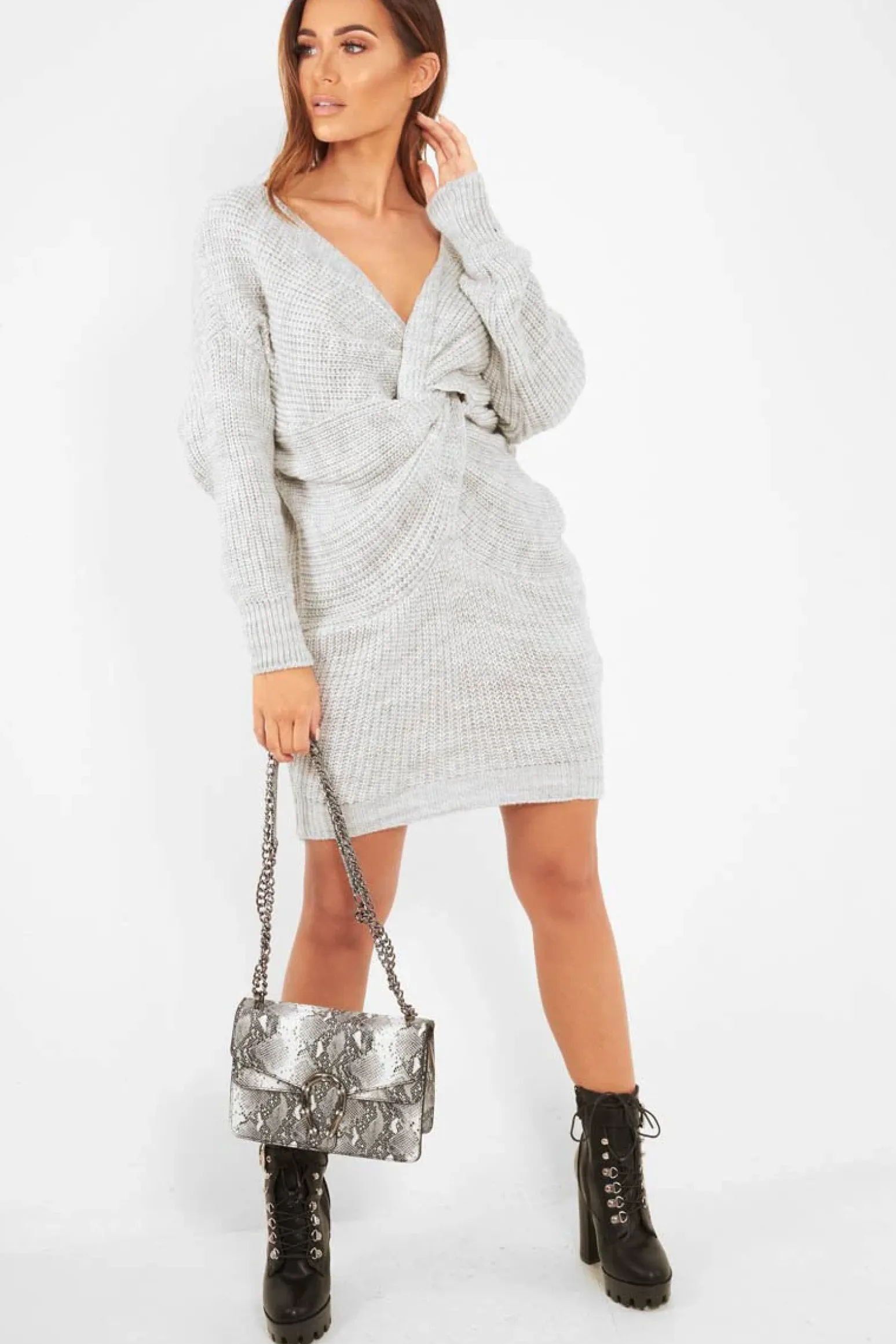 Rebellious Fashion Grey Knot Front Jumper Dress - Hydee
