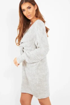 Rebellious Fashion Grey Knot Front Jumper Dress - Hydee