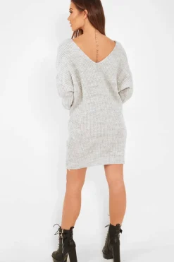 Rebellious Fashion Grey Knot Front Jumper Dress - Hydee