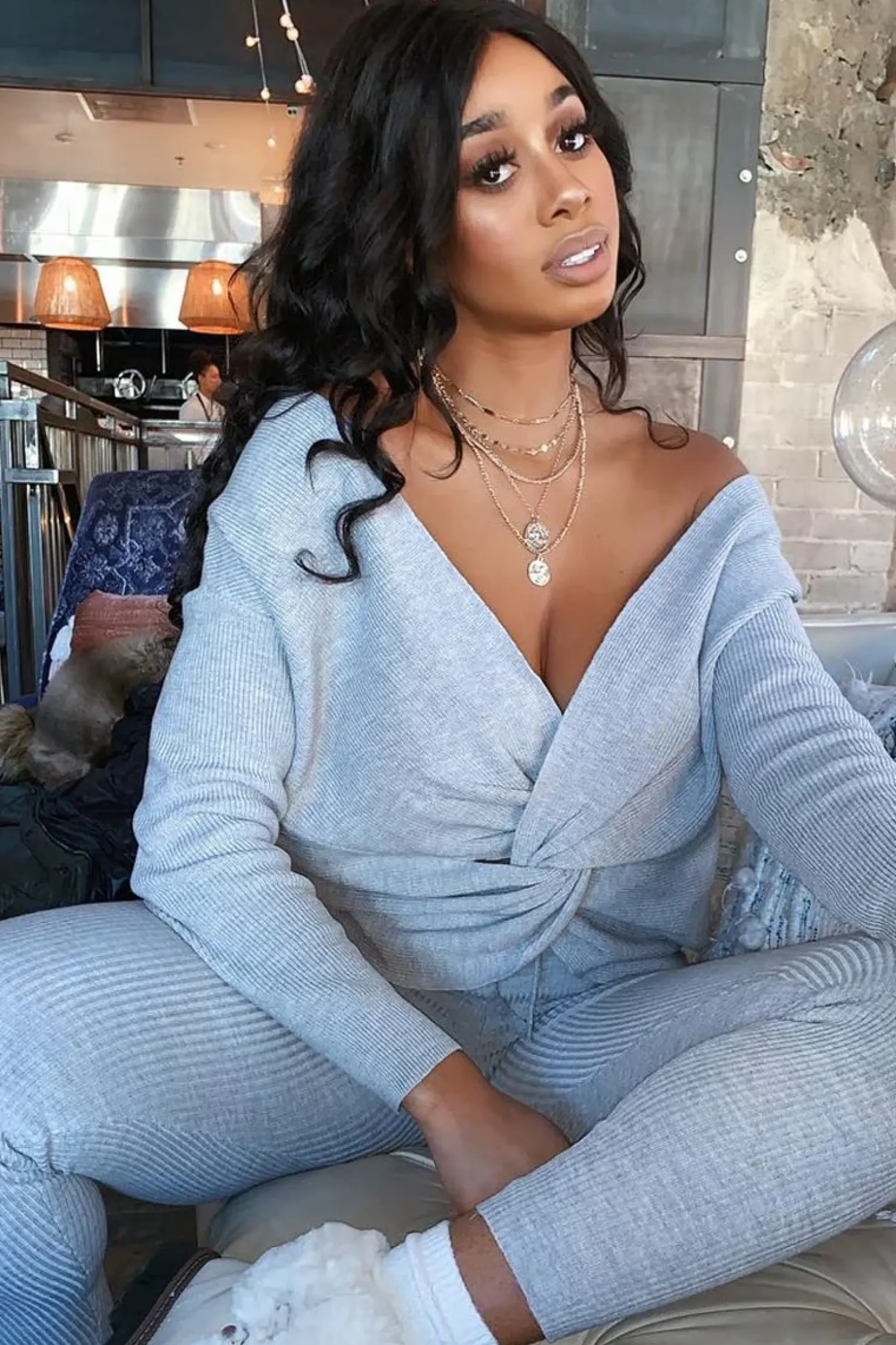 Rebellious Fashion Grey Knot Front Knit Loungewear Set - Lorelei