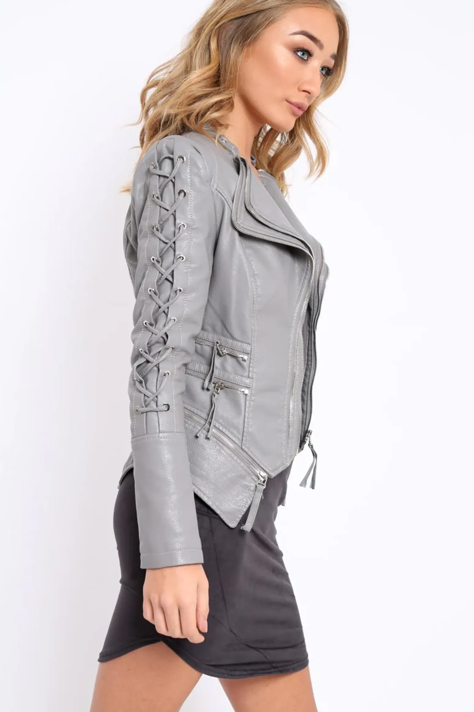 Rebellious Fashion Grey Lace Up Detail Biker Jacket - Moana