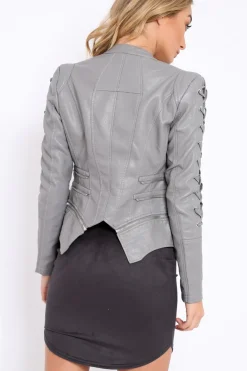 Rebellious Fashion Grey Lace Up Detail Biker Jacket - Moana