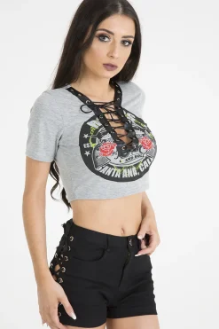 Rebellious Fashion Grey Lace Up Graphic Print Crop Top - Martha
