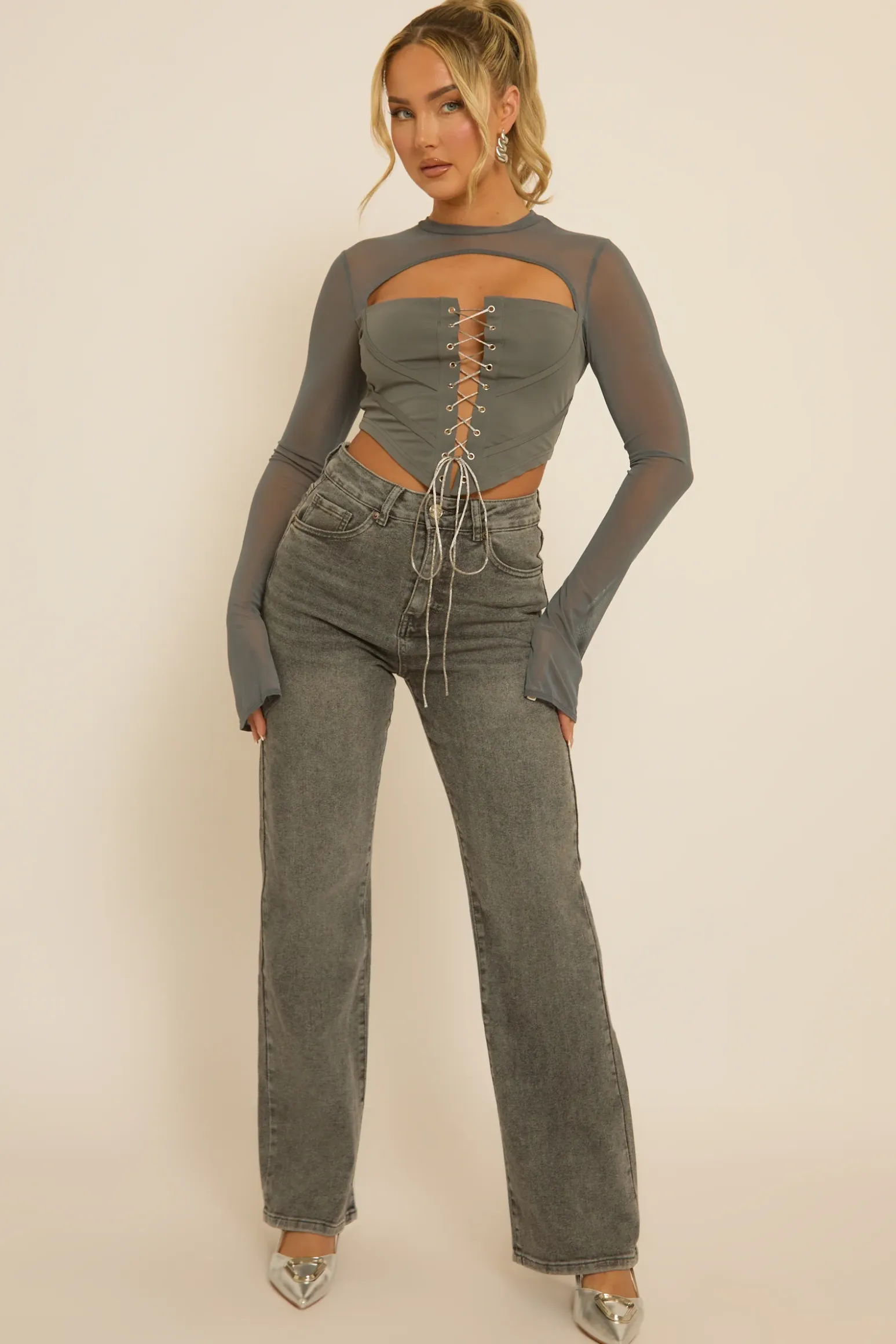 Rebellious Fashion Grey Lace Up Mesh Sleeve Corset Top - Lavya