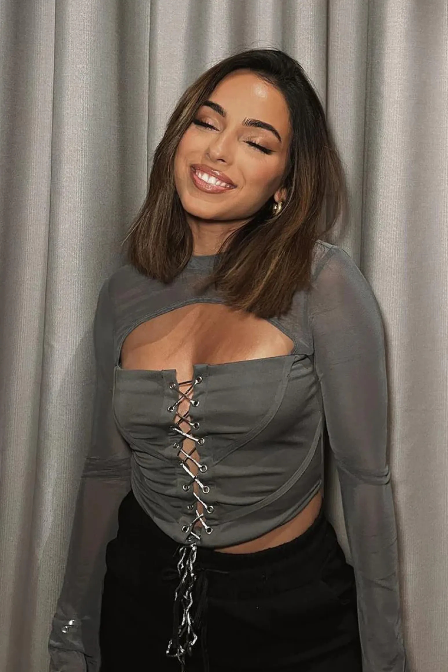 Rebellious Fashion Grey Lace Up Mesh Sleeve Corset Top - Lavya