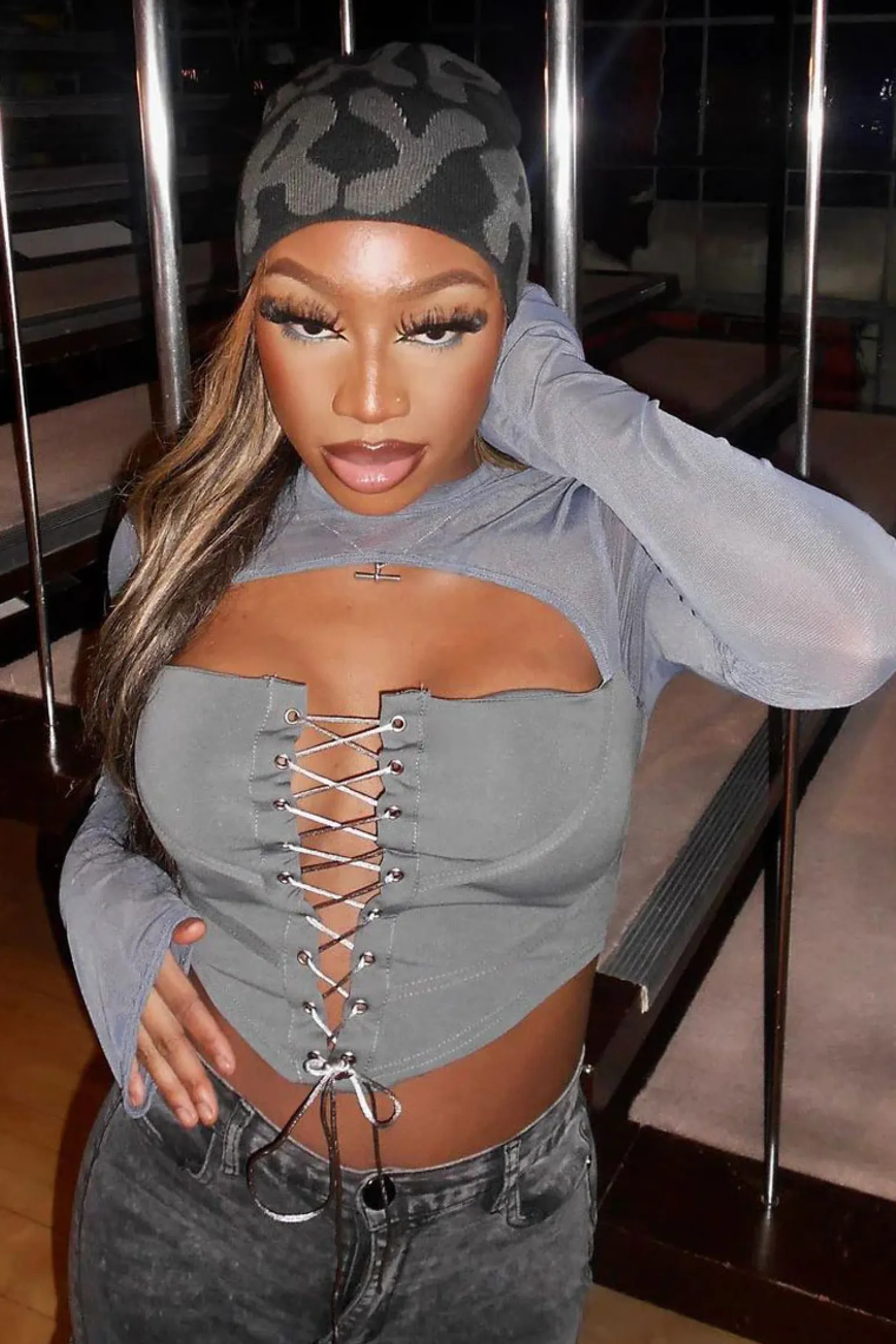 Rebellious Fashion Grey Lace Up Mesh Sleeve Corset Top - Lavya