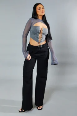 Rebellious Fashion Grey Lace Up Mesh Sleeve Corset Top - Lavya