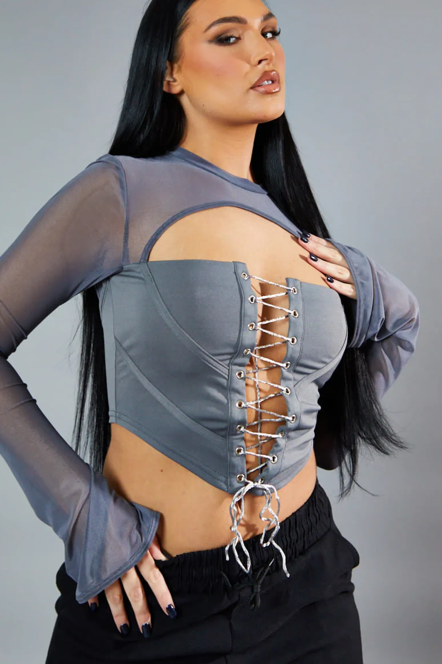 Rebellious Fashion Grey Lace Up Mesh Sleeve Corset Top - Lavya