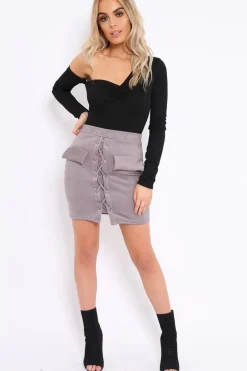 Rebellious Fashion Grey Lace Up Suedette Skirt with Pockets - Patra
