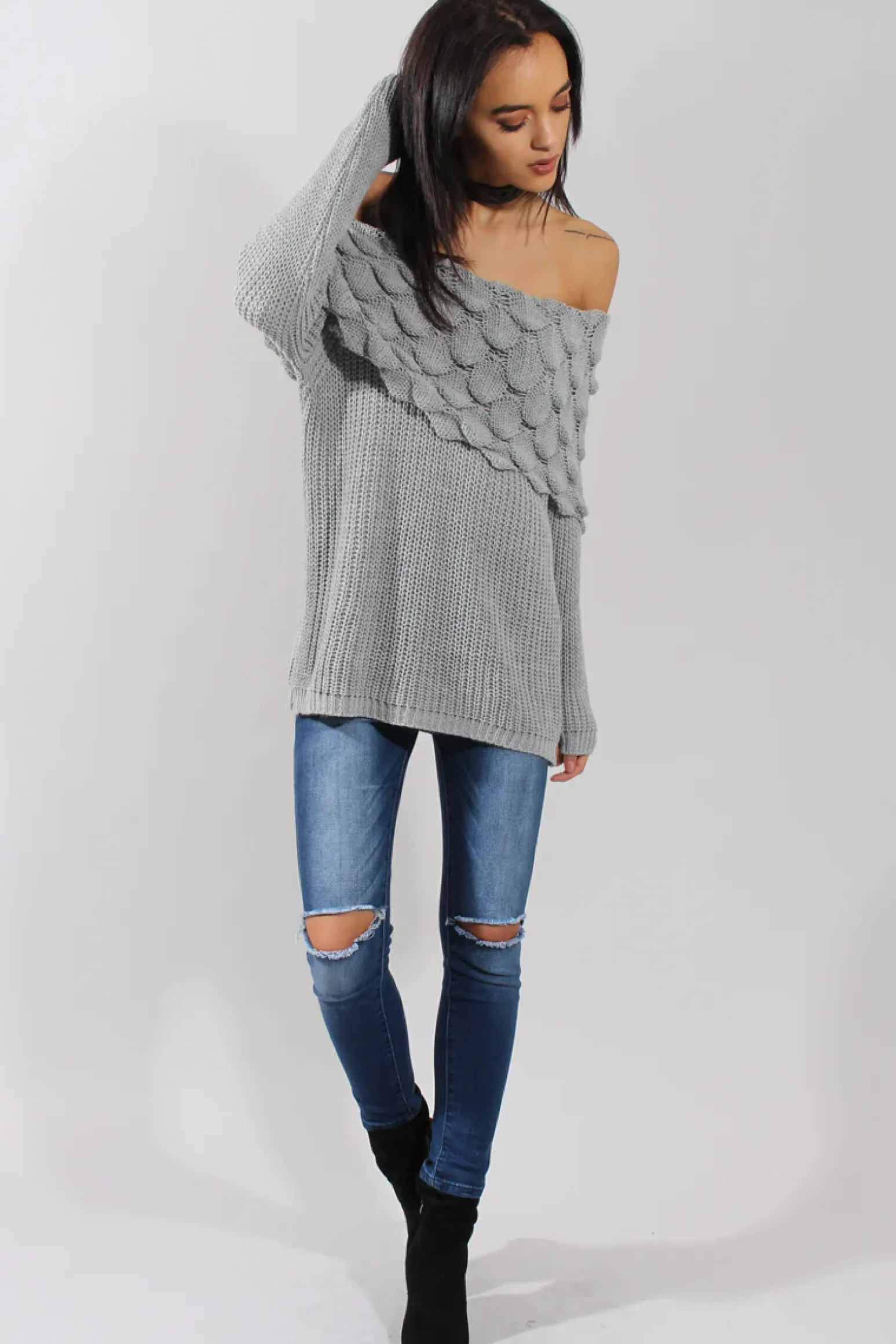 Rebellious Fashion Grey Layer Bardot Jumper- Sammie
