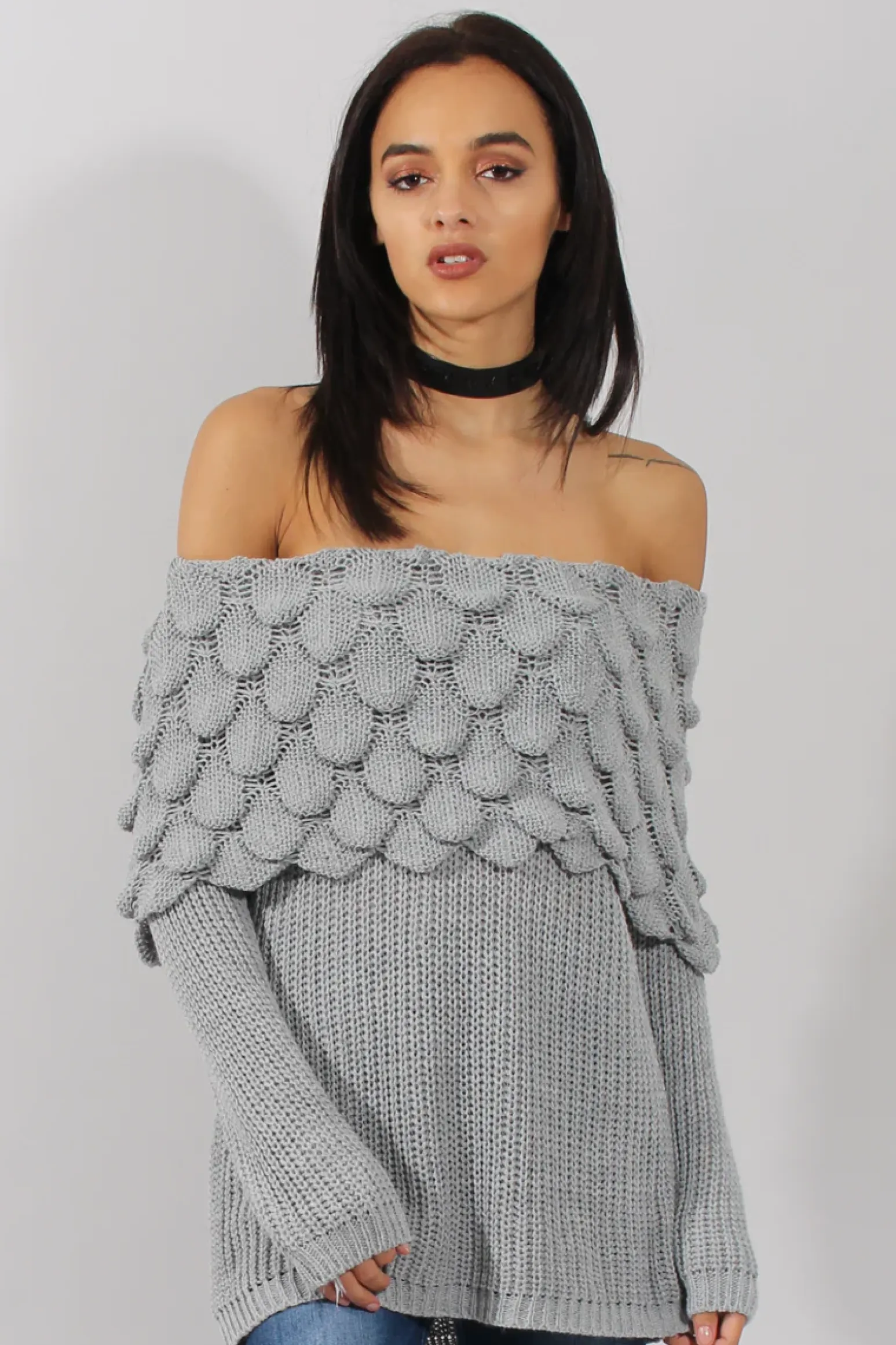 Rebellious Fashion Grey Layer Bardot Jumper- Sammie