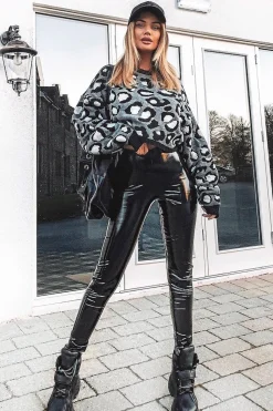 Rebellious Fashion Grey Leopard Crop Batwing Jumper - Raigen