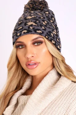 Rebellious Fashion Grey Leopard Knit Pom Pom Hat - Kela