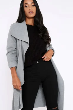 Rebellious Fashion Grey Long Length Waterfall Belted Coat - Cindy
