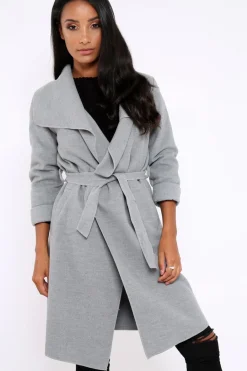 Rebellious Fashion Grey Long Length Waterfall Belted Coat - Cindy