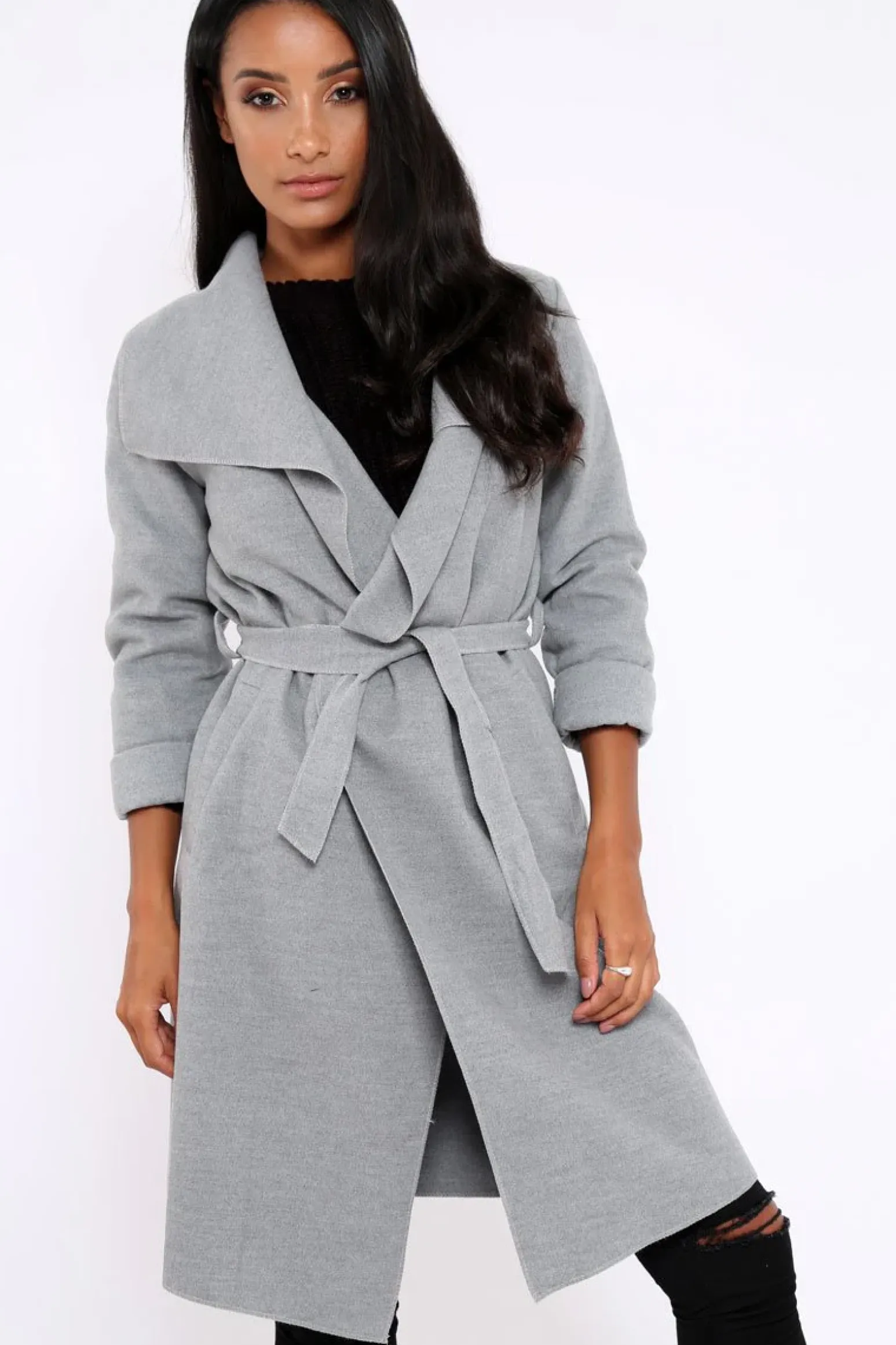 Rebellious Fashion Grey Long Length Waterfall Belted Coat - Cindy