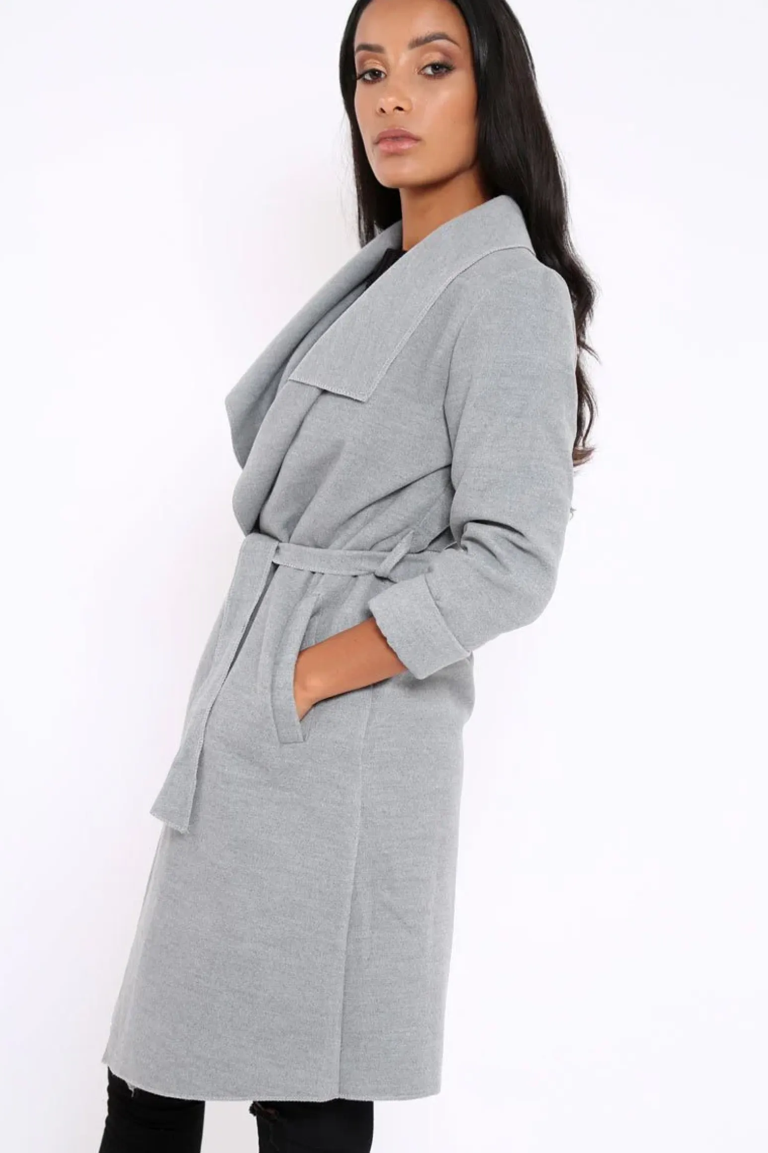 Rebellious Fashion Grey Long Length Waterfall Belted Coat - Cindy