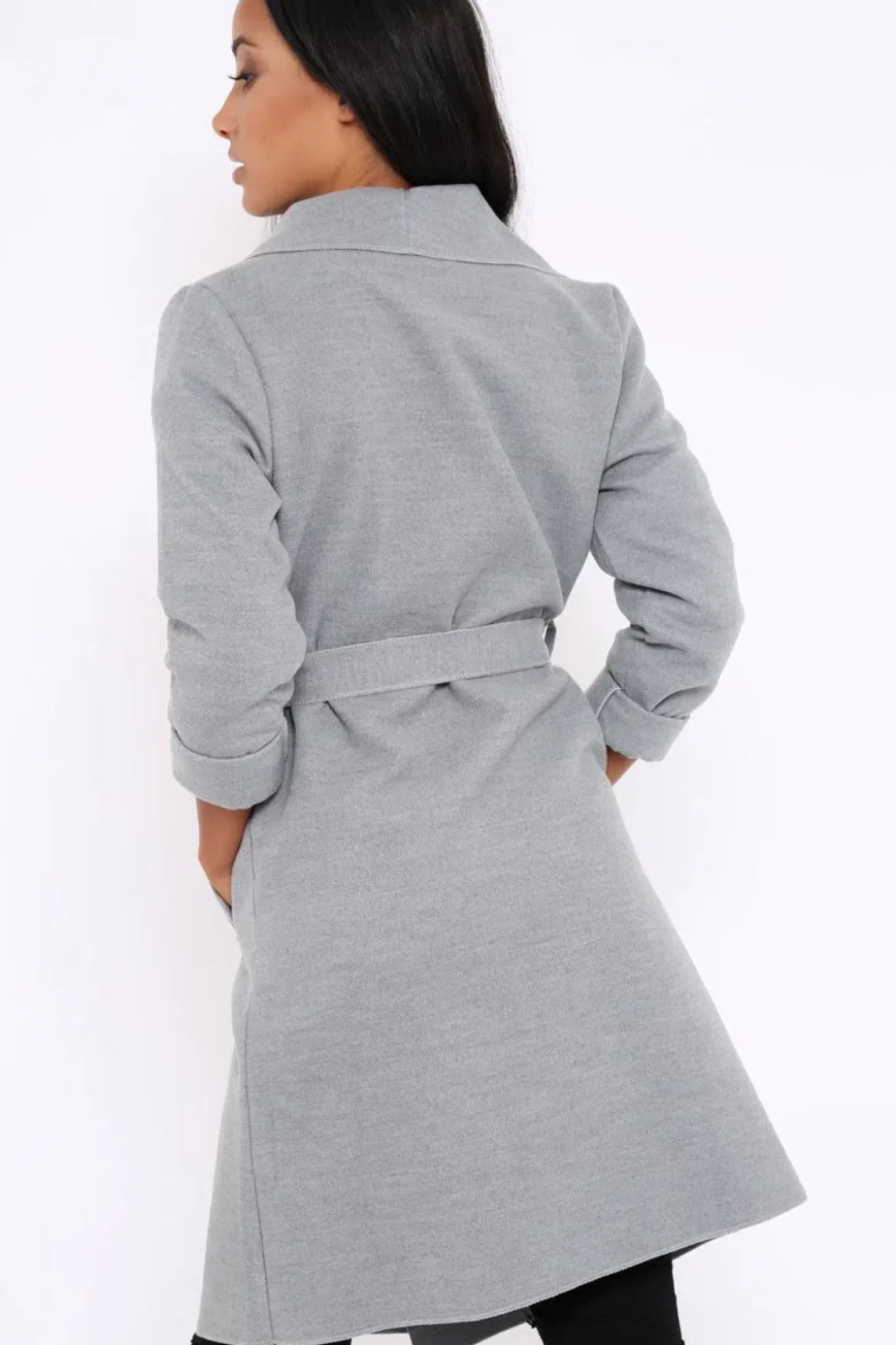 Rebellious Fashion Grey Long Length Waterfall Belted Coat - Cindy