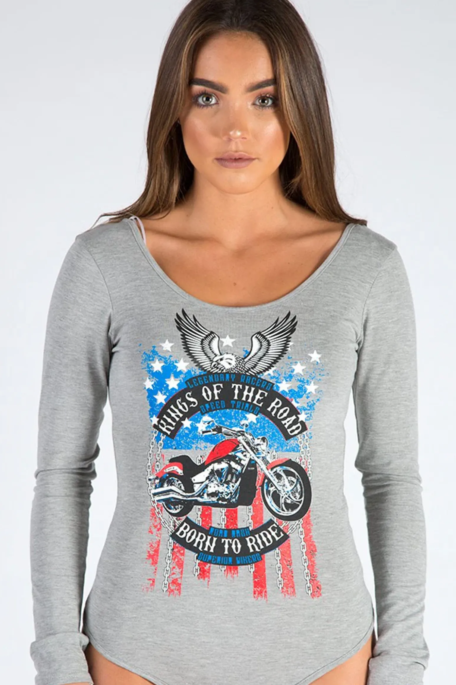 Rebellious Fashion Grey Long Sleeved Graphic Print Bodysuit - Sofia