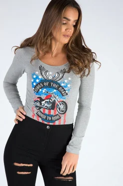 Rebellious Fashion Grey Long Sleeved Graphic Print Bodysuit - Sofia