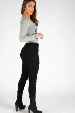 Rebellious Fashion Grey Long Sleeved Graphic Print Bodysuit - Sofia