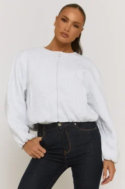 Rebellious Fashion Grey Marl Collarless Lightweight Bomber Jacket - Averil