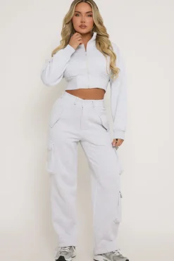 Rebellious Fashion Grey Marl Cropped Cargo Lounge Co-ord Set - Lizzie