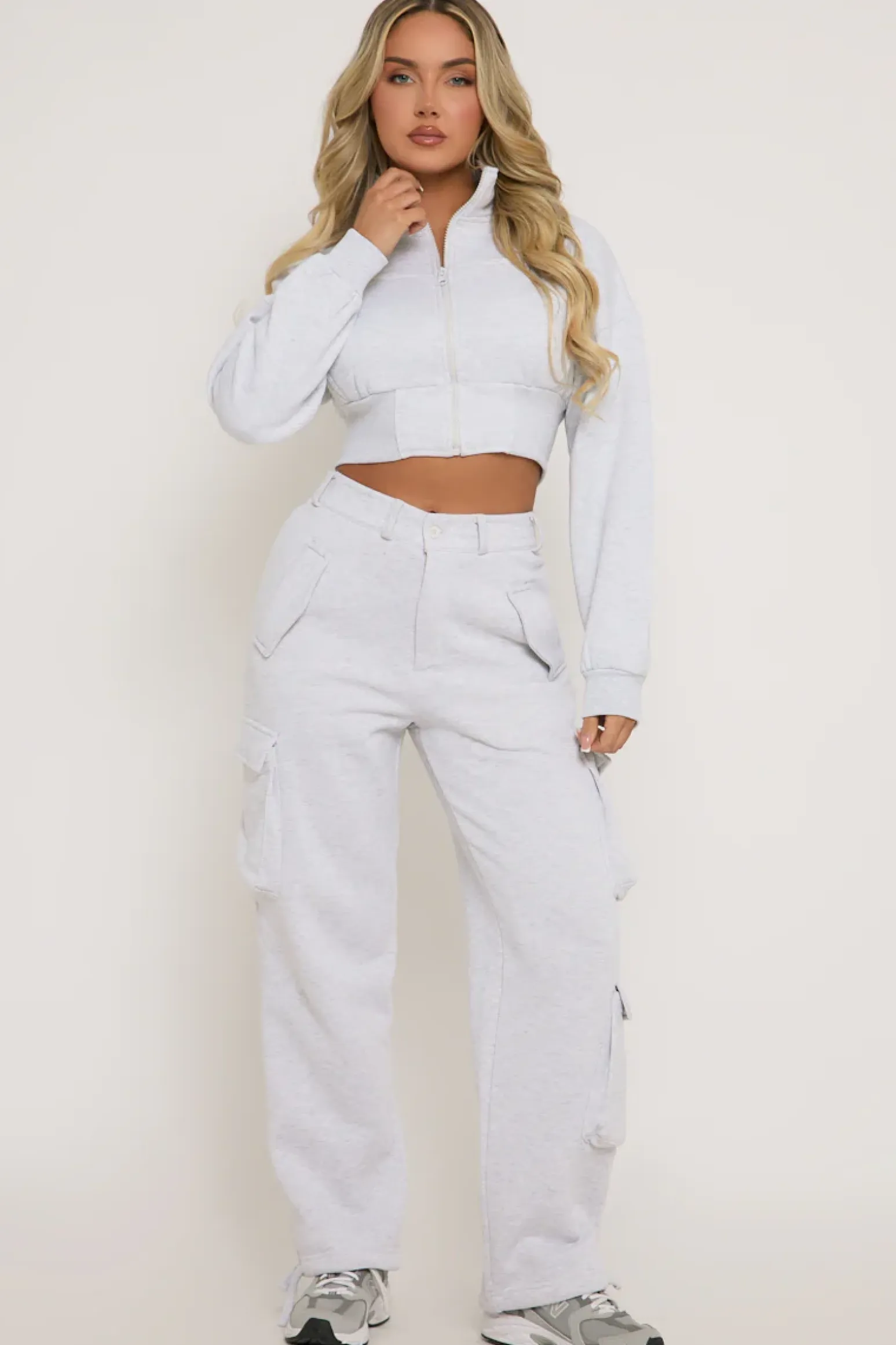 Rebellious Fashion Grey Marl Cropped Cargo Lounge Co-ord Set - Lizzie