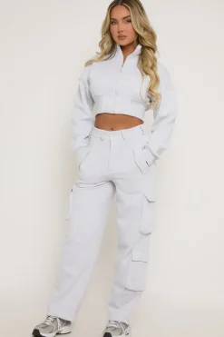 Rebellious Fashion Grey Marl Cropped Cargo Lounge Co-ord Set - Lizzie