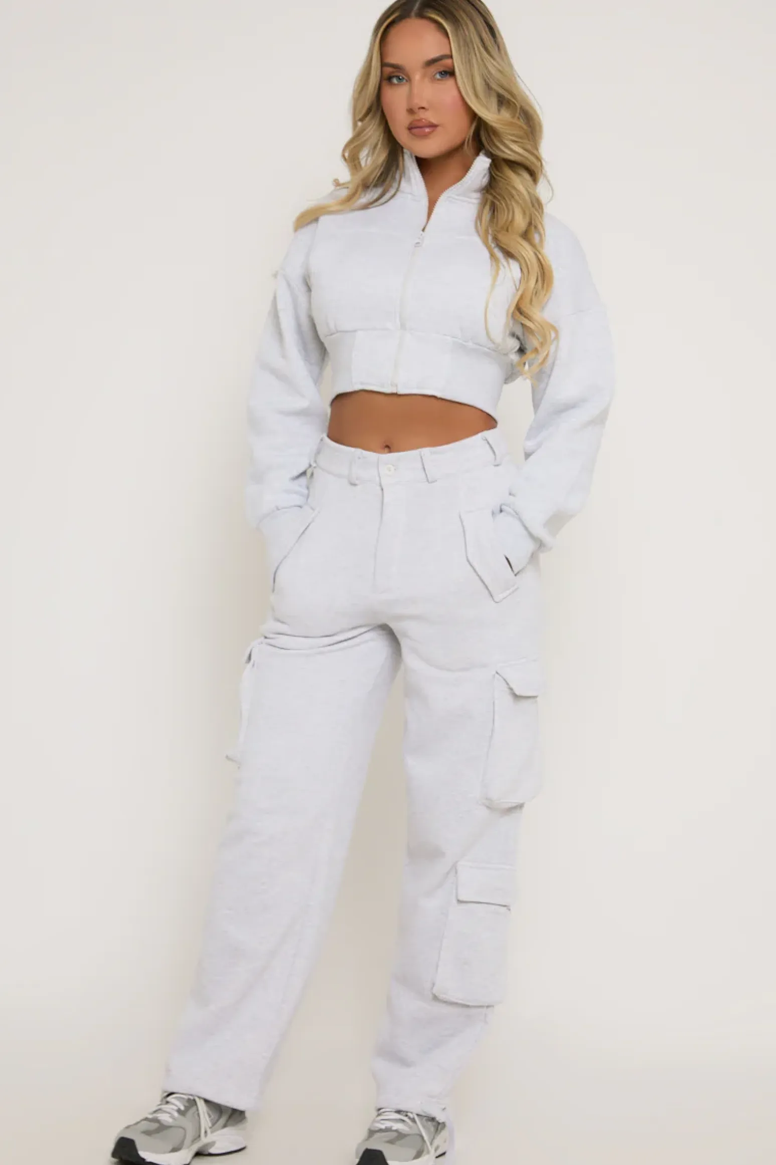 Rebellious Fashion Grey Marl Cropped Cargo Lounge Co-ord Set - Lizzie