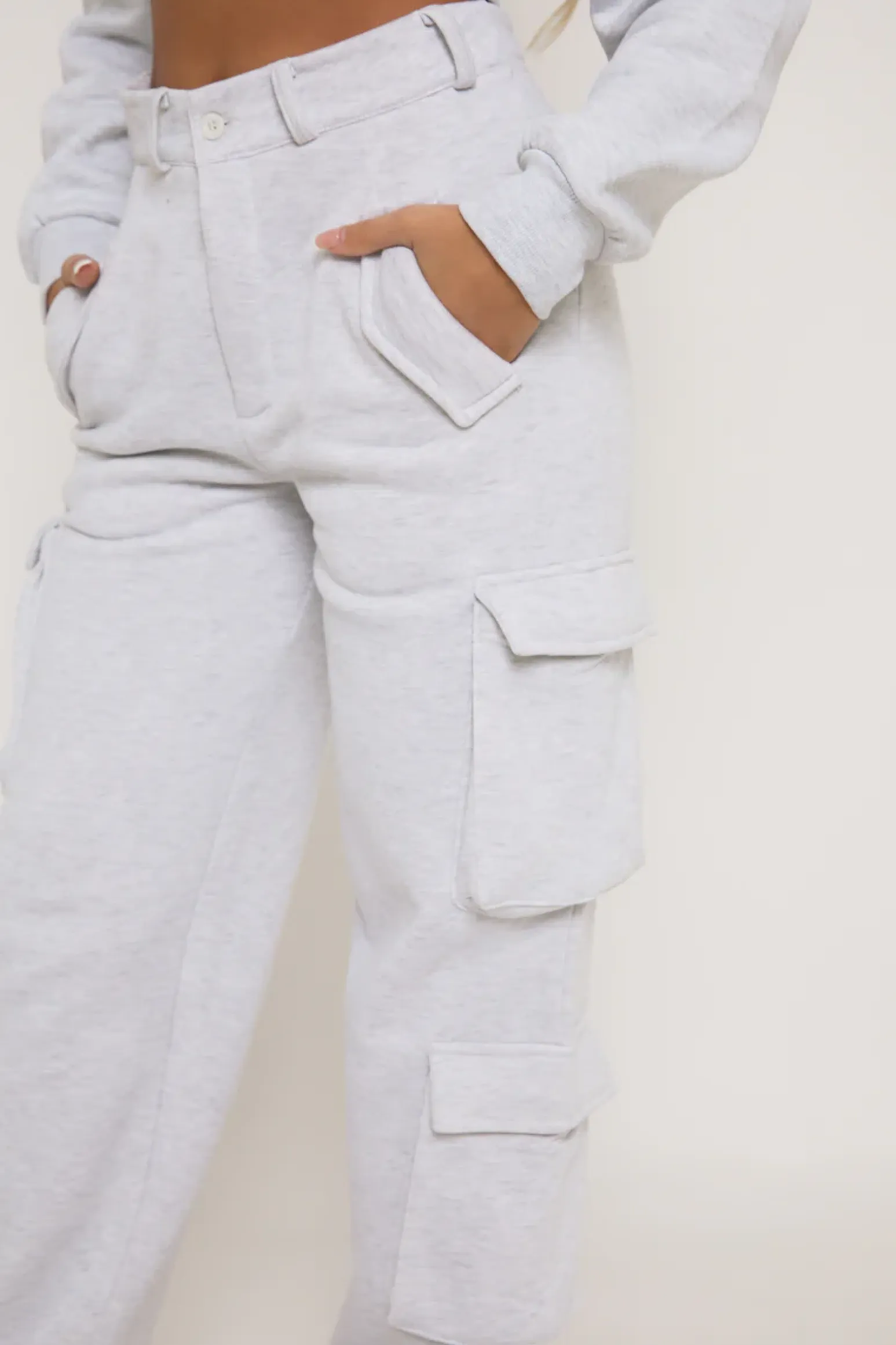 Rebellious Fashion Grey Marl Cropped Cargo Lounge Co-ord Set - Lizzie