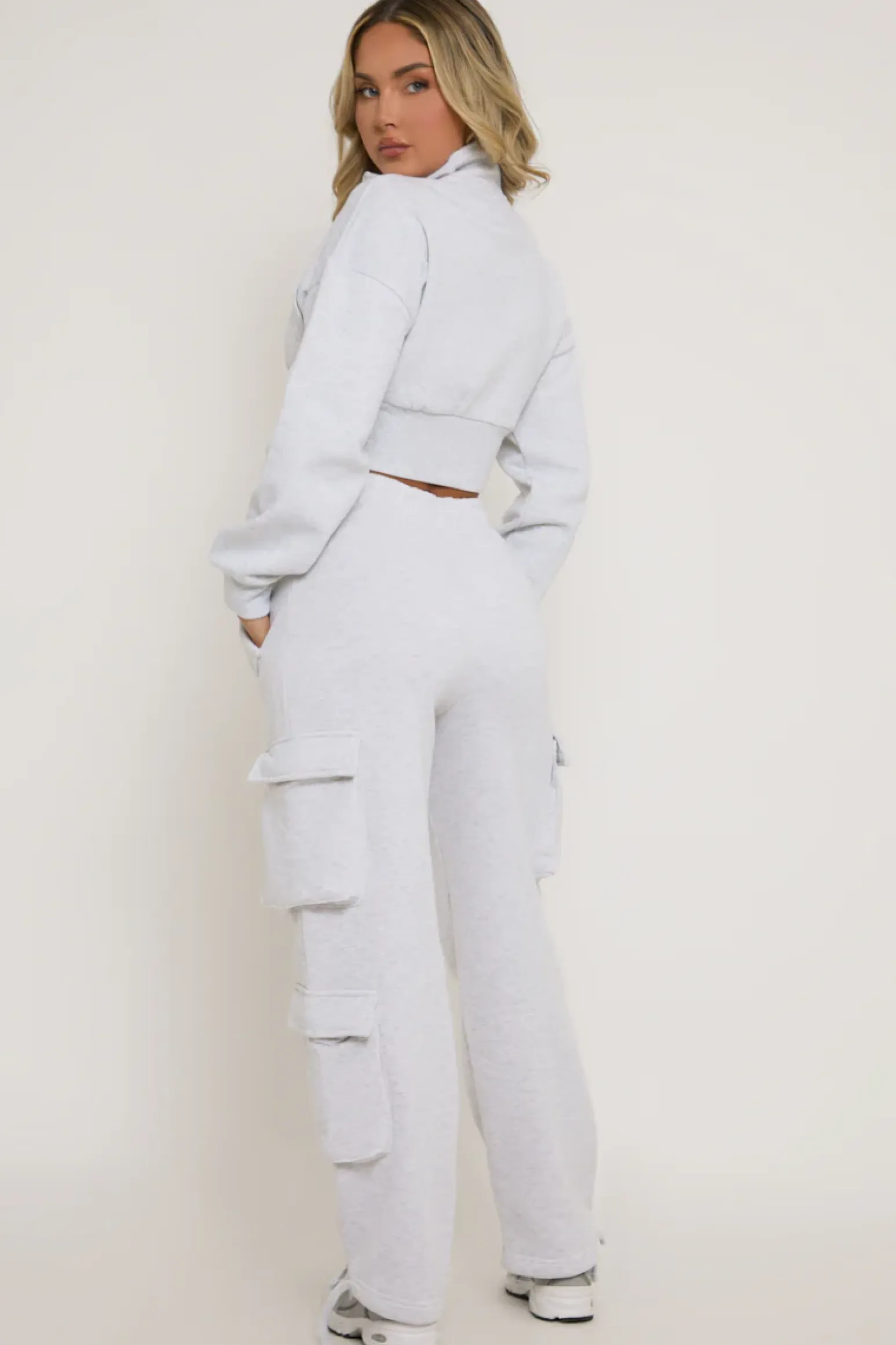 Rebellious Fashion Grey Marl Cropped Cargo Lounge Co-ord Set - Lizzie