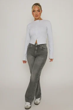 Rebellious Fashion Grey Marl Rib Button Front Top - Helena