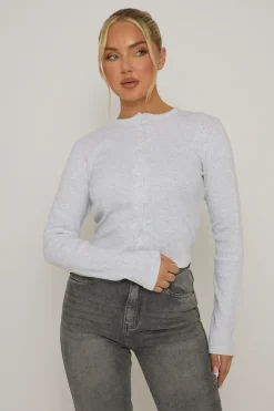 Rebellious Fashion Grey Marl Rib Button Front Top - Helena