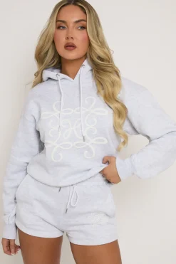 Rebellious Fashion Grey Marl Swirl Motif Hoodie & Shorts Loungewear Co-ord Set - Dimity